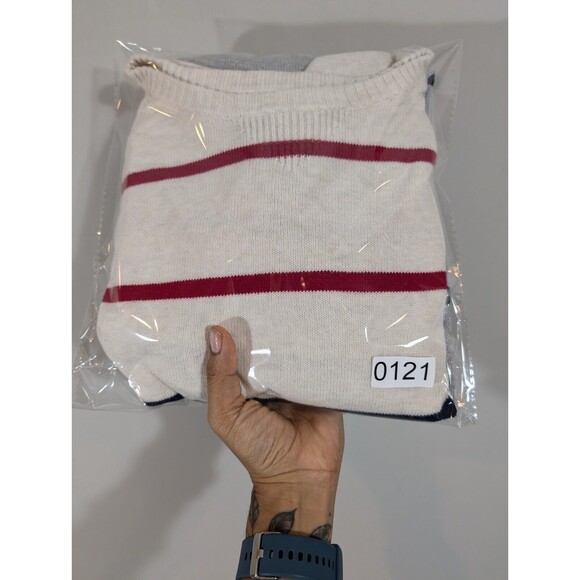 Levi's Sweater Men Sz XL Beige Grey Striped Long Sleeve Slim Fit Crew Neck Nerdy - Picture 7 of 7